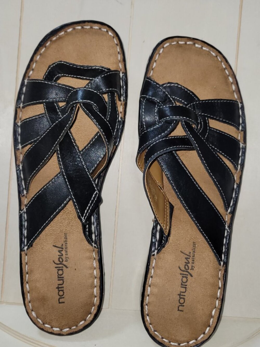Natural Soul by Naturalizer  Black Leather Slide Sandals [Item #SSS05]